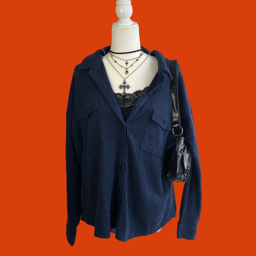 Lucky Brand Navy Blue Waffle Knit Thermal Button Down Shirt Shacket Womens XL